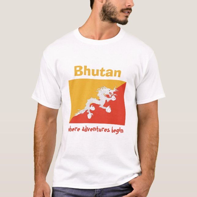 Bandera de Bhután + Mapa + Camiseta del texto (Anverso)