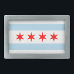 Bandera de Chicago, hebilla del cinturón de Illino<br><div class="desc">Bandera del cinturón con bandera de la ciudad de Chicago (ciudad más grande de Illinois),  bandera de rayas blancas y azules claras con cuatro estrellas rojas</div>