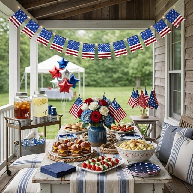 Bandera de estrellas y franjas patrióticas (Patriotic bunting with flag design mockup Shown shortened to fit in the space. )