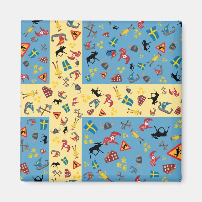 Bandera de Suecia con imán de iconos culturales (Frente)