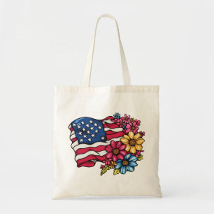 Bandera estadounidense de EE.UU. con flores, bolsa