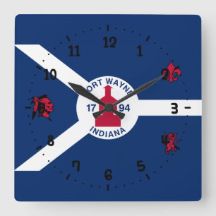 Bandera Fort Wayne, reloj de pared de Indiana Squa