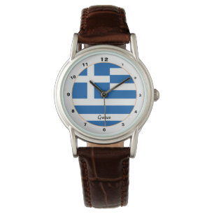 Bandera griega y reloj de moda y diseño griego