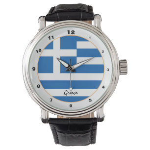 Bandera griega y reloj de moda y diseño griego