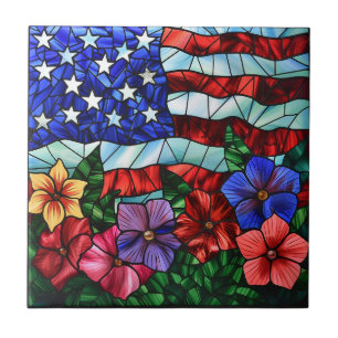Bandera patriótica y azulejos cerámicos de flores