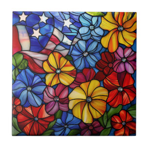 Bandera patriótica y azulejos cerámicos de flores