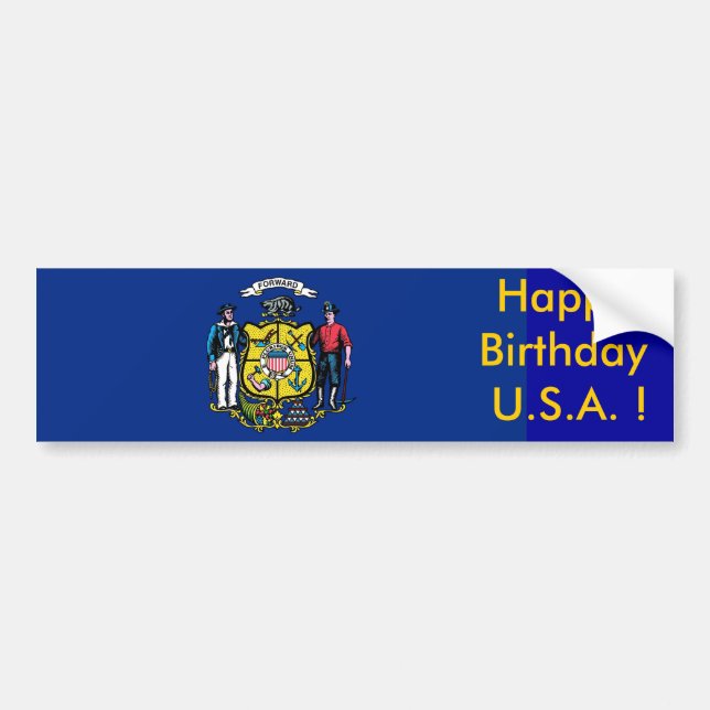 Bandera pegatina de Wisconsin, ¡Feliz cumpleaños E (Frente)