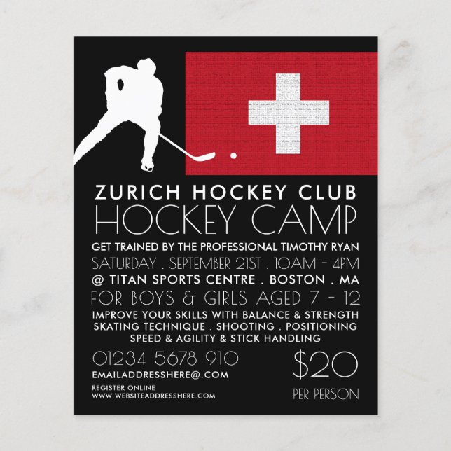 Bandera suiza, jugador de hockey, volante publicit (Frente)