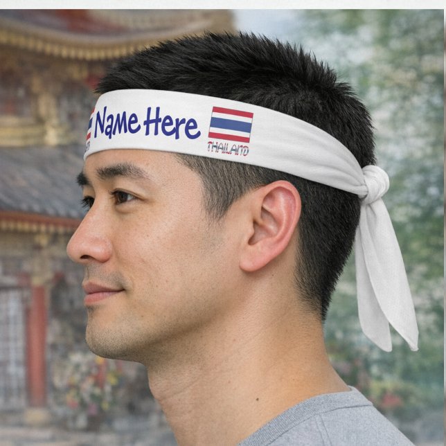 Bandera tailandesa personalizada azul  (Personalized tie headband with Thai Flag and THAILAND below in flag colors. Name in center in blue.)
