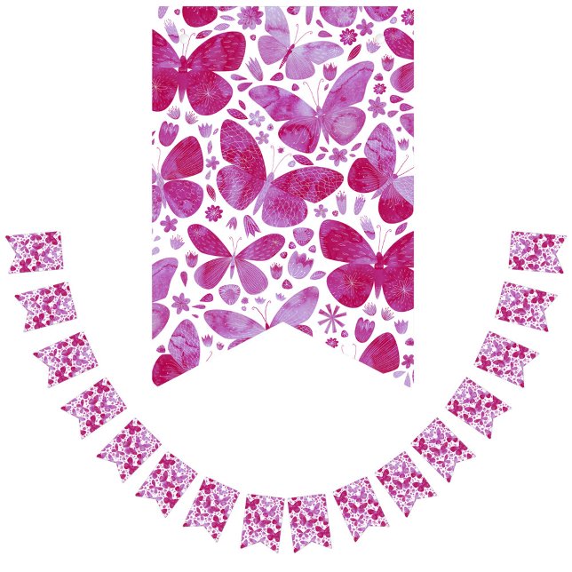 Banderas de Bungalows de color de mariposa rosa ca (Hot magenta pink butterfly pattern bunting pennant flag party decor)