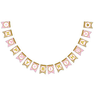 Banderas de Bungalows Gold y Pink Happy Birthday,