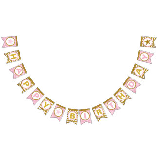 Banderas de Bungalows Gold y Pink Happy Birthday,