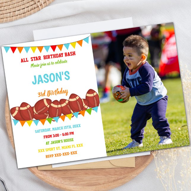Banderas invitaciones de cumpleaños al fútbol blan (Flags White Football Birthday Invitations w photo)