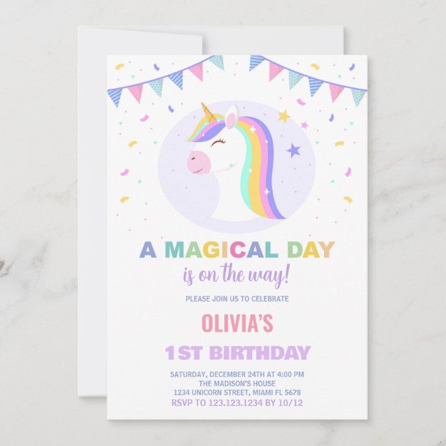 Banderas Invitaciones de cumpleaños de Unicornio (Anverso)