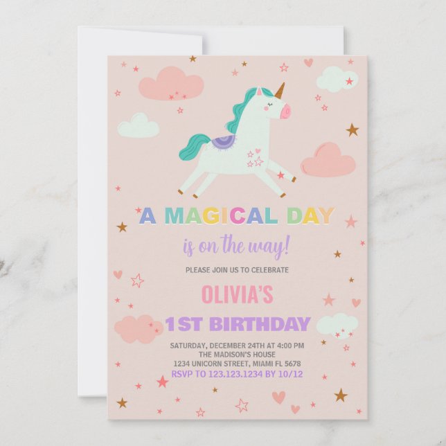 Banderas Invitaciones de cumpleaños de Unicornio (Anverso)