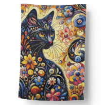 Floral brillante negro gato Kitty amarillo azul