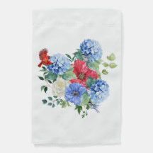 Ramo floral rojo/blanco/azul con pájaros