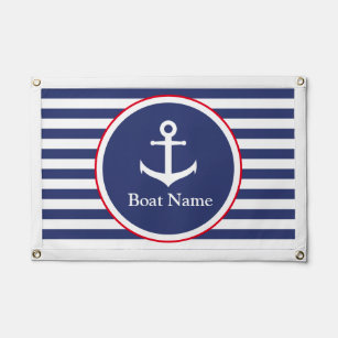Banderín Nombre del barco en blanco rojo y azul náutico
