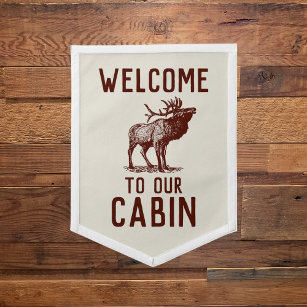 Banderín Welcome To Our Cabin Red Beige Vintage Buck Deer 