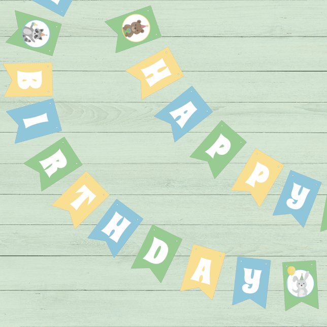 Banderines Animales de Fiesta Feliz Cumpleaños (Blue, yellow, and green Happy Birthday bunting banner with cute forest animals in party attire)