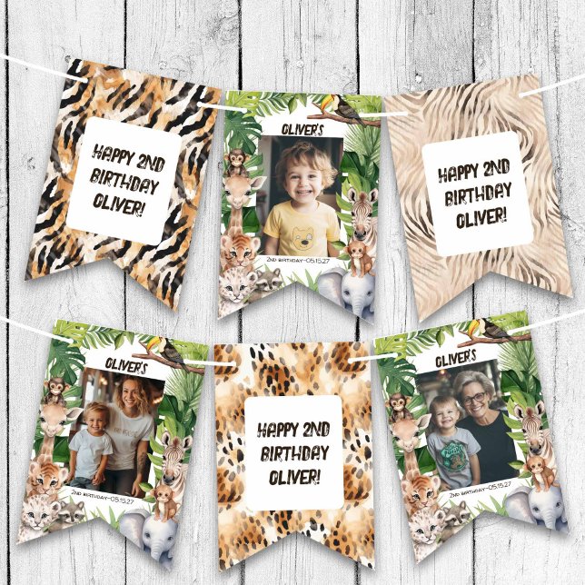 Banderines Animales de Safari Foto de cumpleaños del niño tem (Any Age Jungle Safari Birthday Photo Bunting Flags.)