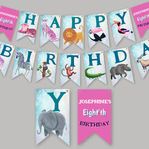 Banderines Animales de safari jungla cumpleaños niña acuarela