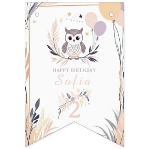 Banderines Aniversario del Pastel Boho Owl y los Globos