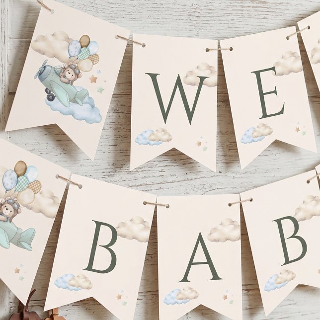 Banderines Apenas Podemos Esperar Fiesta de Bebé Aviador (We Can Bearly Wait Baby Shower Buntin Bunting Flags)