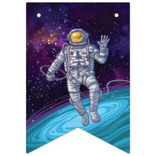 Banderines Astronauta en el espacio con estrellas y galaxia.