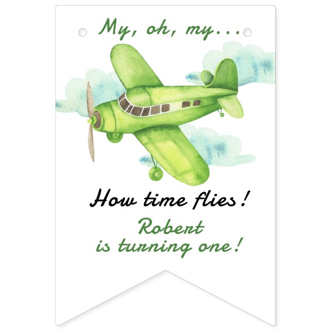 Banderines Avión Oh Mi Vuelo Tiempo Viaja Primer Cumpleaños (Primera bandera)