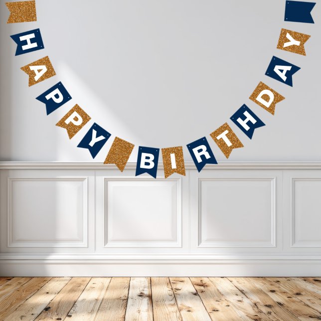 Banderines Azul Marino y Brillo de Oro Falso Feliz Cumpleaños (Subido por el creador)