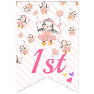 Banderines Baby Penguin Ballerina Pink Cumpleaños Personaliza