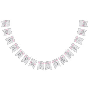 Banderines Baby Shower de elefante gris rosa y blanco