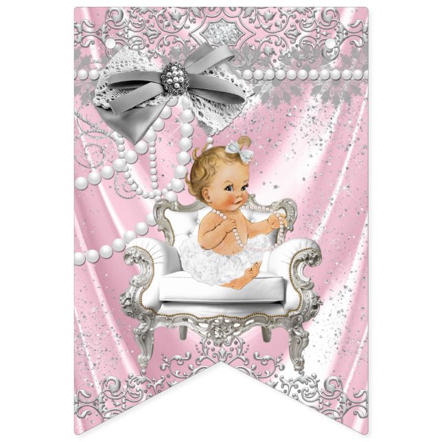 Banderines Baby Shower de la silla Pink Gray Pearl (Primera bandera)
