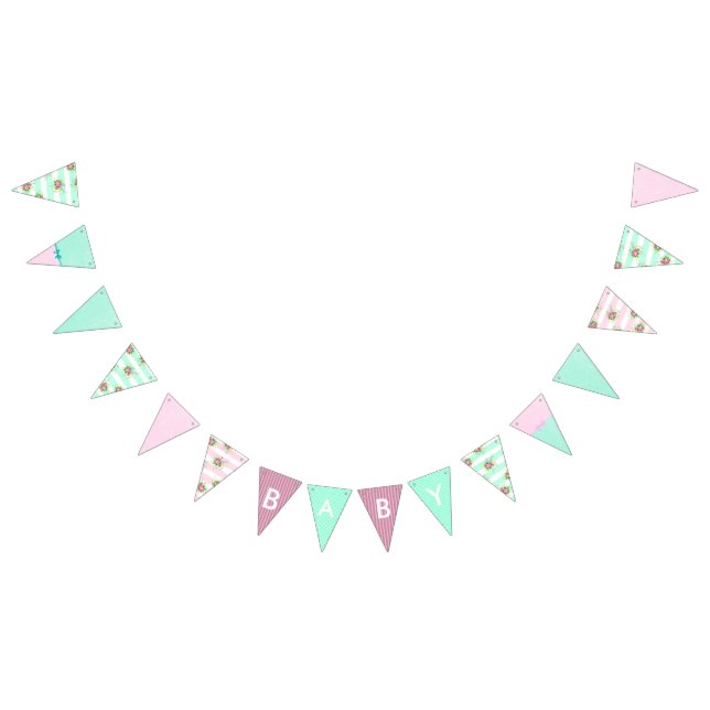 Banderines Banner chica Baby Shower Floral Rosa y Verde azula (Todo)