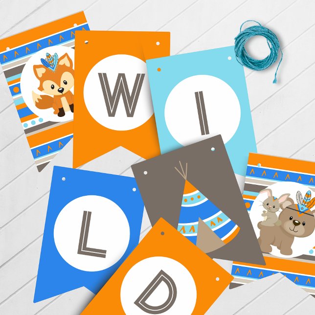 Banderines Banner colgante de Bunting Blue Wild One Birthday (Wild One 1st Birthday Hanging Banner in Blue, Brown and Orange. Featuring a Fox, Deer, Bear & Bunny)