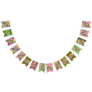 Banderines Banner retro abstracto fiesta con rosa y verde