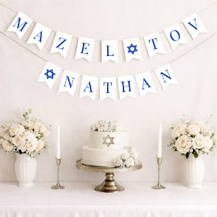 Banderines Bar Mitzvah Mazel Tov Nombre de Niño 6 Letras Azul