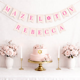Banderines Bat Mitzvah Estrella Rosa Mazel Tov Nombre de Niña