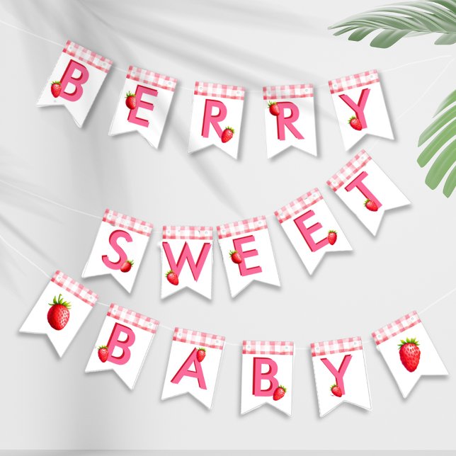 Banderines Berry Sweet Baby Shower Strawberry Gingham Pink (Berry Sweet Baby Shower New Baby bunting flag strawberry gingham pink red retro vintage picnic decor)
