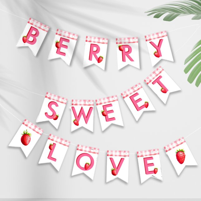 Banderines Berry Sweet Love Strawberry Gingham Pink Red Bach (Berry Sweet Love Strawberry Gingham Country Chic flags bunting bachelorette hen party bride pink red)