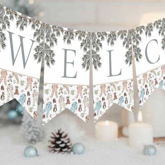 Banderines Bienvenida a los Navidades bebés en Baby Shower (Winter Christmas Baby Shower Bunting Flags. Cute Baby Pajamas, Penguin, Teddy Bear, Reindeer & Pine)