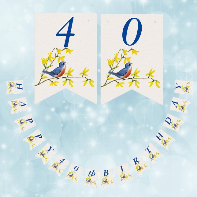 Banderines BirthdayBlue Red Bird on Branch Yellow Flowers (Cute singing red blue bird on branch yellow flowers Happy birthday bunting flag party banner.)