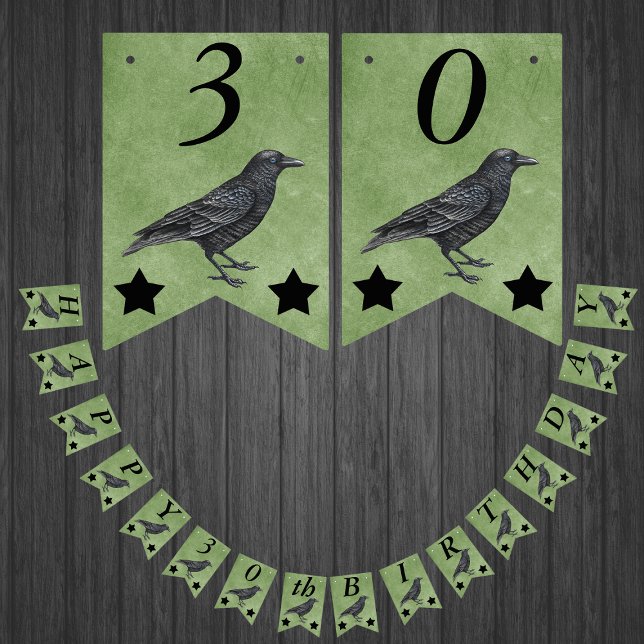 Banderines Black Crow Black Stars on Grunge Green Birthday (Standing black crow with two black stars on Gothic themed happy birthday bunting flag decoration.)