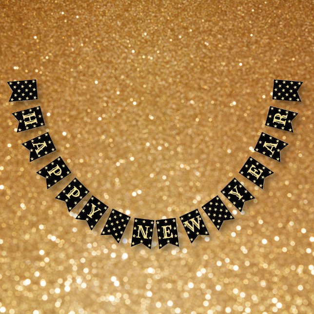 Banderines Black Faux Gold Stars Happy New Yve Fiesta (Black Faux Gold Stars Happy New Years Eve Party Bunting Flags)