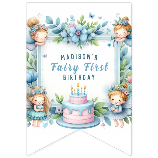 Banderines Blue Pastel Floral Fairy First Birday - (Primera bandera)