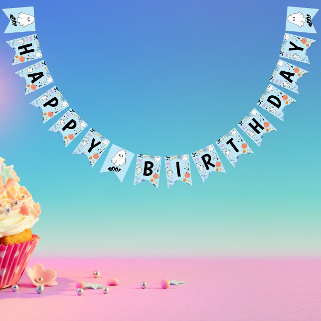 Banderines Blue Spooky One Cute Halloween Feliz cumpleaños (Blue Spooky One Cute Ghost Halloween Happy Birthday Bunting Flags)