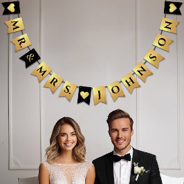Banderines Boda Black Faux Gold Hearts Mr & Mrs Last Name