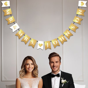 Banderines Boda Faux Gold Mr. & Mrs Custom Name 7 Letters