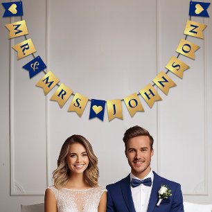 Banderines Boda Faux Gold Royal Blue Sr. y la Sra. Name Heart